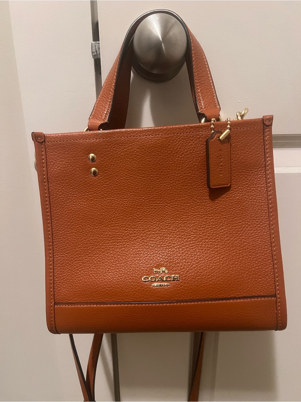 Coach Pebbled Leather Satchel in Saddle Brown and Gold